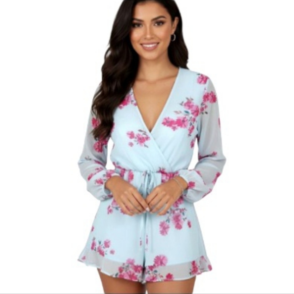 Light Blue Floral Wrap Romper with Drawstring Waist